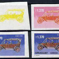 Uruguay 1991 Old Cars 1370p EMF set of 4 imperf progressive proofs comprising single, 2-colour, 3-colour and all 4-colour composites on gummed watermarked paper, as SG 2054