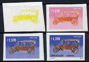 Uruguay 1991 Old Cars 1370p EMF set of 4 imperf progressive proofs comprising single, 2-colour, 3-colour and all 4-colour composites on gummed watermarked paper, as SG 2054