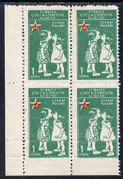 Turkey 1955 Postal Tax - Children Kissing 1k corner block of 4 with perfs partially doubled unmounted mint