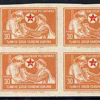 Turkey 1949 Postal Tax - Nurse with father 30k marginal block of 4 IMPERF unmounted mint