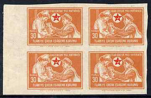 Turkey 1949 Postal Tax - Nurse with father 30k marginal block of 4 IMPERF unmounted mint