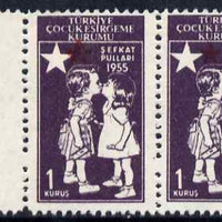 Turkey 1955 Postal Tax - Children Kissing 1k horiz pair with red (Star & Crescent) misplaced unmounted mint but minor wrinkles