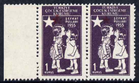 Turkey 1955 Postal Tax - Children Kissing 1k horiz pair with red (Star & Crescent) misplaced unmounted mint but minor wrinkles