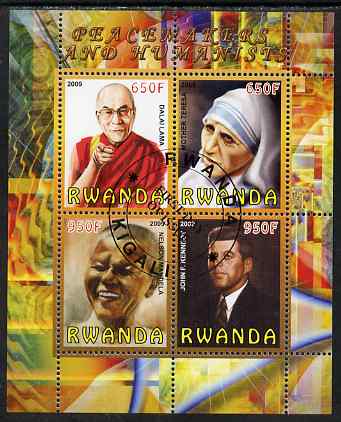 Rwanda 2009 Peacemakers & Humanists #2 perf sheetlet containing 4 values (Dalai Lama, Mother eresa, N Mandela & Kennedy) fine cto used