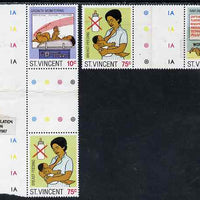 St Vincent 1987 Child Health two se-tenant gutter pairs (folded through gutters) one stamp in each with Paste-up for World Population overprint - Ex uncut archive proof sheet, almost certainly unique