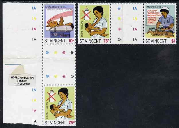 St Vincent 1987 Child Health two se-tenant gutter pairs (folded through gutters) one stamp in each with Paste-up for World Population overprint - Ex uncut archive proof sheet, almost certainly unique