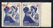 Turkey 1952 Postal Tax 1k on 2.5k Red Crescent horiz pair one with surch misplaced, the other with surch omitted, fine unmounted mint