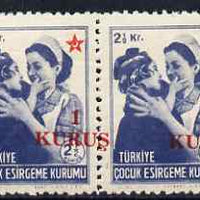 Turkey 1952 Postal Tax 1k on 2.5k Red Crescent horiz pair with surch misplaced, fine unmounted mint but light gum creases