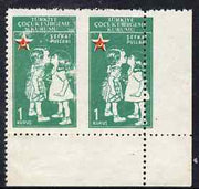 Turkey 1957 Postal Tax 1k Red Crescent corner pair with vert perfs misplaced, unused (no gum)