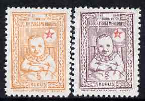 Turkey 1943-44 Postal Tax 5k, the two colours each with large white line flaw both unused (no gum), as SG T1340-41