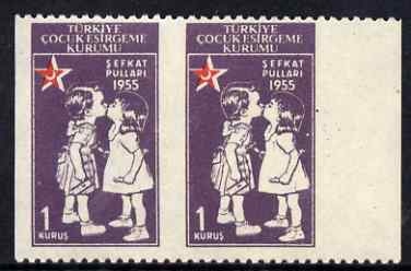 Turkey 1955 Postal Tax Child Welfare 1k marginal horiz pair with vertical perfs omitted unmounted mint