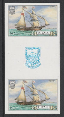 Tuvalu 1986 Ships #3 Brigantine Triton 60c imperf gutter pair unmounted mint from uncut proof sheet, as SG 380. Note: The design withing the gutter varies across the sheet, therefore, the one you receive,may differ from that shown……Details Below