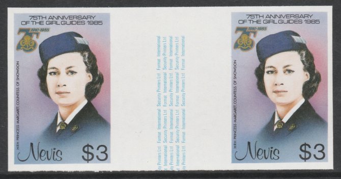 Nevis 1985 Girl Guides - Princess Margaret in Guide Uniform $3 imperf gutter pair (from uncut archive sheet) unmounted mint as SG 296. Note: The design within the gutter varies across the sheet, therefore, the one you receive,may ……Details Below