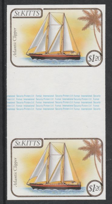 St Kitts 1985 Ships $1.20 (Atlantic Clipper Schooner) imperf gutter pair (from uncut archive sheet) (SG 174var) unmounted mint. Note: The design withing the gutter varies across the sheet, therefore, the one you receive,may differ……Details Below