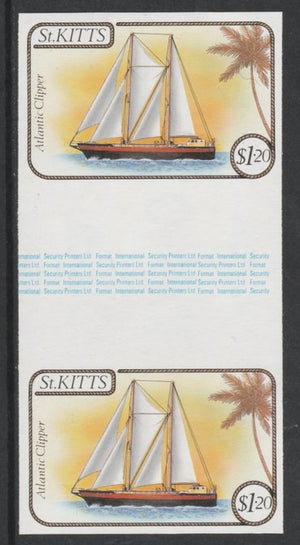 St Kitts 1985 Ships $1.20 (Atlantic Clipper Schooner) imperf gutter pair (from uncut archive sheet) (SG 174var) unmounted mint. Note: The design withing the gutter varies across the sheet, therefore, the one you receive,may differ……Details Below