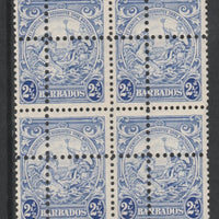 Barbados 1938-47 Badge of Colony 2.5d ultramarine block of 4 with double perfs (stamps are quartered),SG 251/a. Note: the stamps are genuine but the additional perfs are a slightly different gauge identifying it to be a forgery.