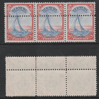 Bermuda 1938-52 KG6 Yacht 2d ultramarine & scarlet (SG 112a) unmounted mint strip of 3 with additional row of horiz perfs. Note: the stamps are genuine but the additional perfs are a slightly different gauge identifying it to be a forgery.