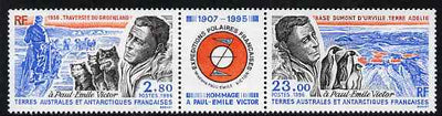 French Southern & Antarctic Territories 1996 Paul-Emile Victor commemoration se-tenant strip with label between, unmounted mint, SG 351-52