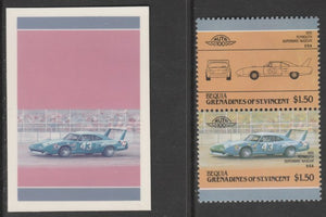 St Vincent - Bequia 1985 Cars #4 Plymouth Superbird Nascar $1.50 - Cromalin se-tenant die proof pair in red and blue only (missing Country name, inscription & value) ex Format International archives complete with issued stamp