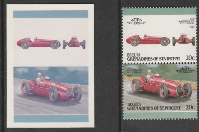 St Vincent - Bequia 1987 Cars #7 1939 Maserati 20c - Cromalin se-tenant die proof pair in red and blue only (missing Country name, inscription & value) ex Format International archives complete with issued stamp