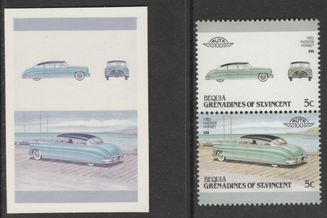 St Vincent - Bequia 1987 Cars #7 1952 Hudson Hornet 5c - Cromalin se-tenant die proof pair in red and blue only (missing Country name, inscription & value) ex Format International archives complete with issued stamp