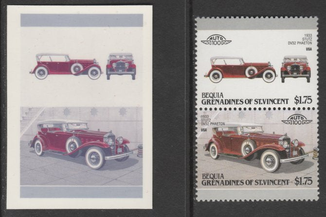 St Vincent - Bequia 1987 Cars #7 1933 Stutz Phaeton $1.75 - Cromalin se-tenant die proof pair in red and blue only (missing Country name, inscription & value) ex Format International archives complete with issued stamp