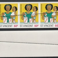 St Vincent 1987 Child Health 50c (as SG 1050) unmounted mint imperf strip of 3 with stray horizontal row of perfs applied obliquely