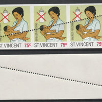 St Vincent 1987 Child Health 75c (as SG 1051) unmounted mint imperf strip of 3 with stray horizontal row of perfs applied obliquely