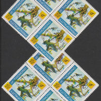 Thomond 1968 Martin 9d (Diamond-shaped) opt'd 'Rockets towards Peace Achievement' two blocks of 4 showing yellow misplaced by a) 1mm to upper left and b) 1mm to lower left, interesting shifts giving different double impressions, unmounted mint