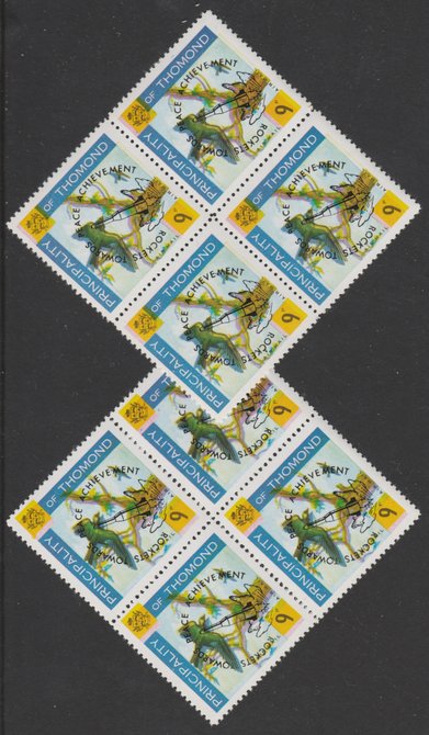 Thomond 1968 Martin 9d (Diamond-shaped) opt'd 'Rockets towards Peace Achievement' two blocks of 4 showing yellow misplaced by a) 1mm to upper left and b) 1mm to lower left, interesting shifts giving different double impressions, unmounted mint