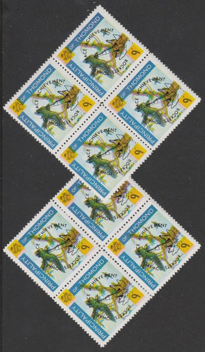 Thomond 1968 Martin 9d (Diamond-shaped) opt'd 'Rockets towards Peace Achievement' two blocks of 4 showing yellow misplaced by a) 1mm to upper left and b) 1mm to lower left, interesting shifts giving different double impressions, unmounted mint