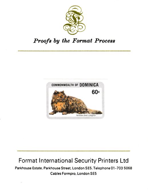 Dominica 1984 Cats 60c (Tortoiseshell Longhair) imperf proof mounted on Format International proof card as SG 917