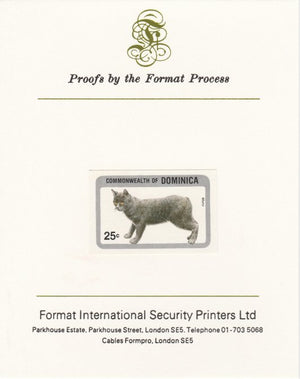 Dominica 1984 Cats 25c (Manx) imperf proof mounted on Format International proof card as SG 915