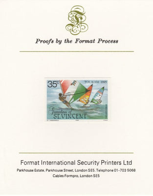 St Vincent - Grenadines 1985 Tourism Watersports 35c (Windsurfing) imperf proof mounted on Format International proof card as SG 386