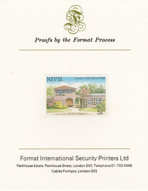 Nevis 1985 Tourism (2nd series) $1.20 (Croney's Old Manor Hotel) imperf proof mounted on Format International proof card as SG 245