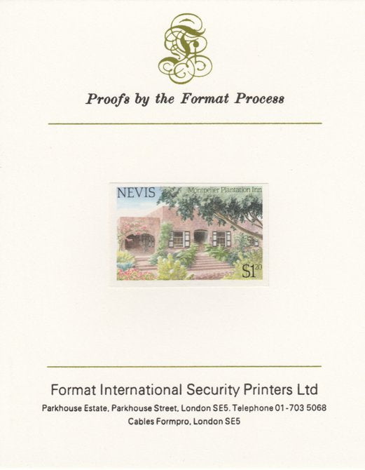 Nevis 1985 Tourism (2nd series) $1.20 (Montpelier Plantation Inn) imperf proof mounted on Format International proof card as SG 246