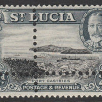 St Lucia 1936 KG5 Pictorial 2d black & grey with forged doubled perfs (stamp is quartered) unmounted mint, as SG 116. Note: the stamp is genuine but the additional perfs are a slightly different gauge identifying it to be a forgery.