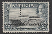 St Lucia 1936 KG5 Pictorial 2d black & grey with forged doubled perfs (stamp is quartered) unmounted mint, as SG 116. Note: the stamp is genuine but the additional perfs are a slightly different gauge identifying it to be a forgery.