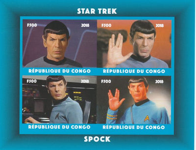 Congo 2018 Star Trek - Spok imperf sheetlet containing 4 values unmounted mint. Note this item is privately produced and is offered purely on its thematic appeal.