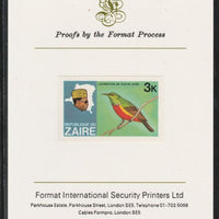 Zaire 1979 River Expedition 3k Sunbird imperf mounted on Format International proof card as SG953