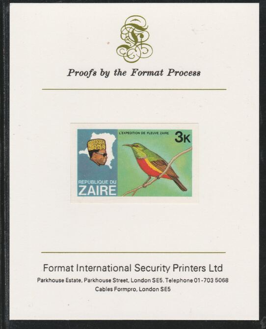 Zaire 1979 River Expedition 3k Sunbird imperf mounted on Format International proof card as SG953