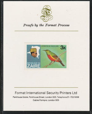 Zaire 1979 River Expedition 3k Sunbird imperf mounted on Format International proof card as SG953