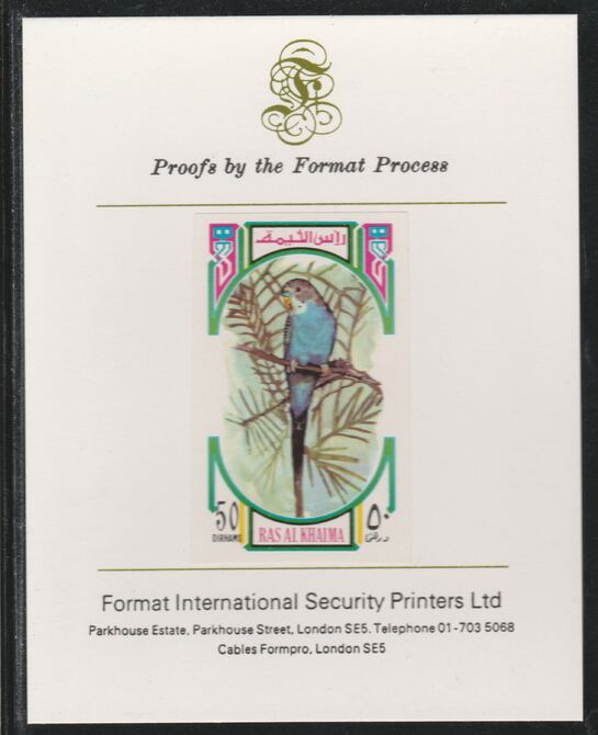 Ras Al Khaima 1972 Birds - Budgerigar 50Dh imperf mounted on Format International proof card as Mi 593B