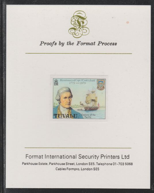 Tuvalu 1979 Capt Cook Death Anniversary (undenominated but as 8c) imperf mounted on Format International proof card (as SG 123)