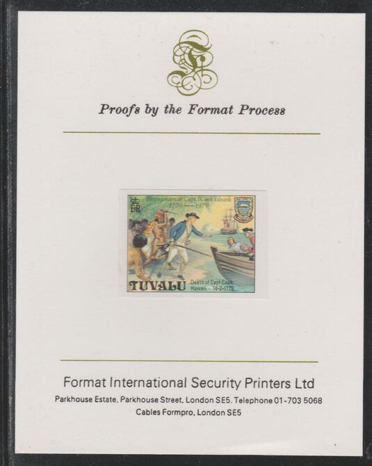 Tuvalu 1979 Capt Cook Death Anniversary (undenominated but as $1) imperf mounted on Format International proof card (as SG 126)