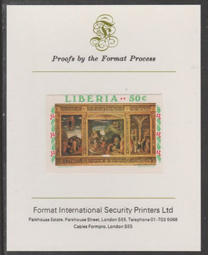 Liberia 1970 Christmas 50c Adoration of the Magi Triptych 50c (ex m/sheet) imperf proof mounted on Format International proof card, as SG MS1049