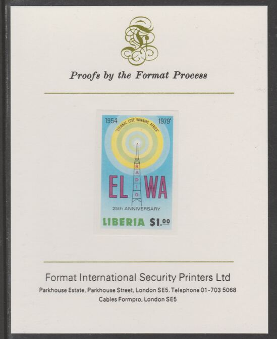 Liberia 1979 25th Anniversary of Radio ELWA $1 imperf proof mounted on Format International proof card, as SG 1370