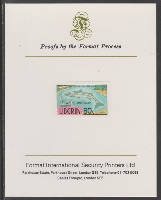 Liberia 1981 Barracuda 80c imperf proof mounted on Format International proof card, as SG 1509a