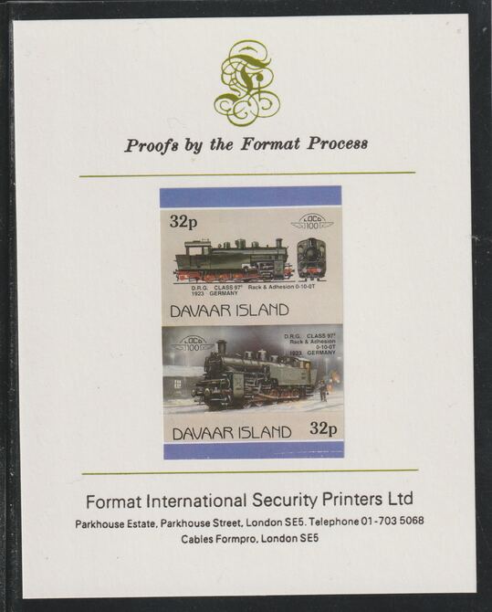 Davaar Island 1983 Locomotives #1 DRG Class 97 0-10-0 loco 32p se-tenant imperf proof pair mounted on Format International proof card,