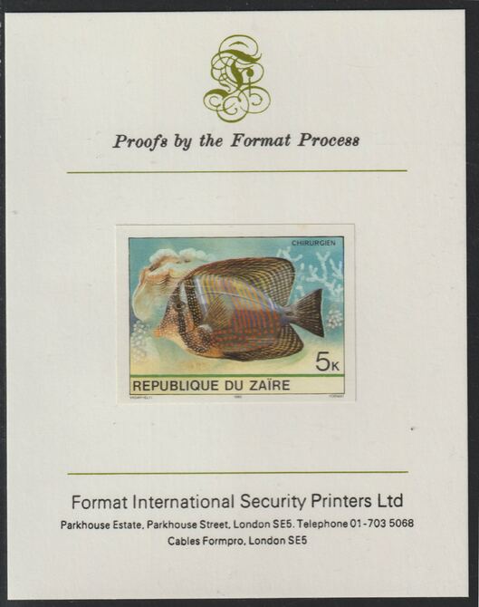 Zaire 1980 Tropical Fish 5c imperf mounted on Format International proof card